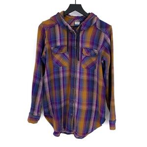 KAVU Jess Button Up Hooded Shirt Purple Mustard M